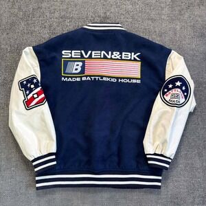 Battle Kid Varsity Jacket Mens L‎ Navy Blue Cream Y2K Streetwear Letterman 56